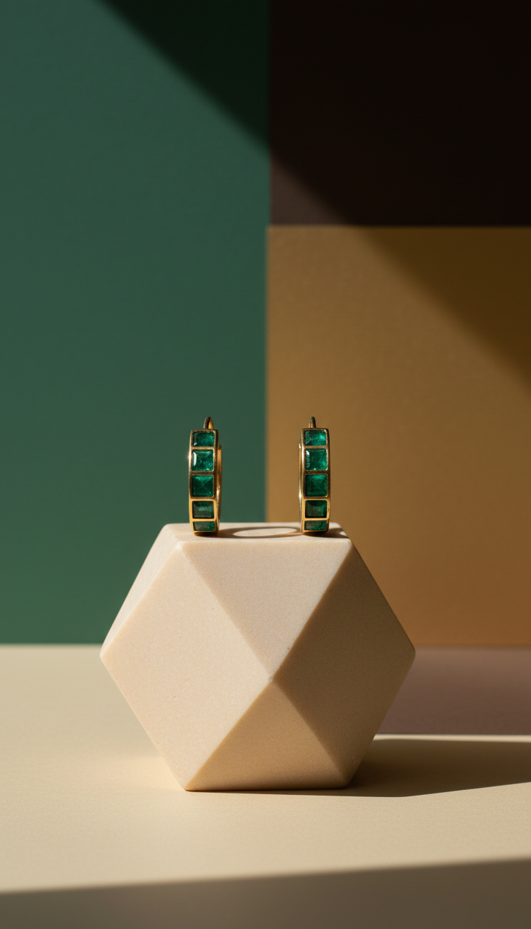 Antique Gold Hoop Earrings With Emerald Stones